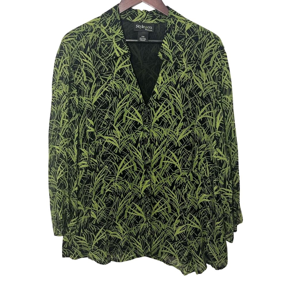 Style & Co Woman Button Up Top Blouse 20W Plants Y2K Rayon Busy Plus size
